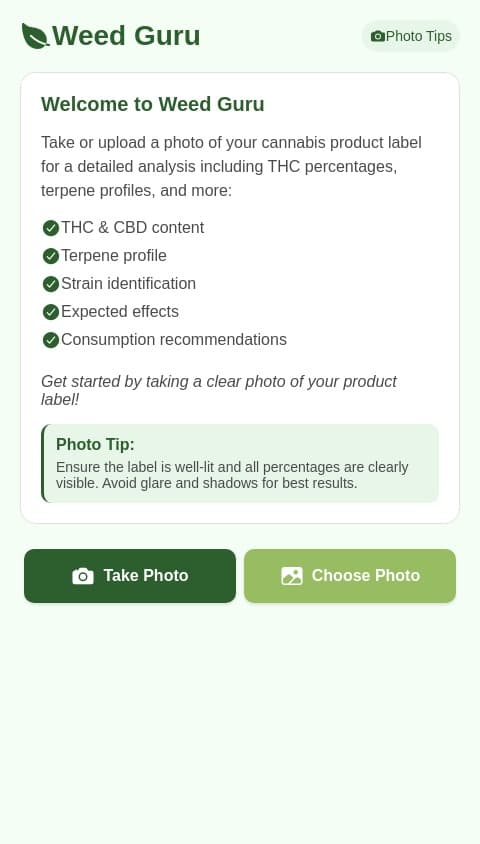 Weed Guru. Upload photo of the thc and terpines and the Weed Guru is an expert in telling how the user should fee. Be thorough and have correct data