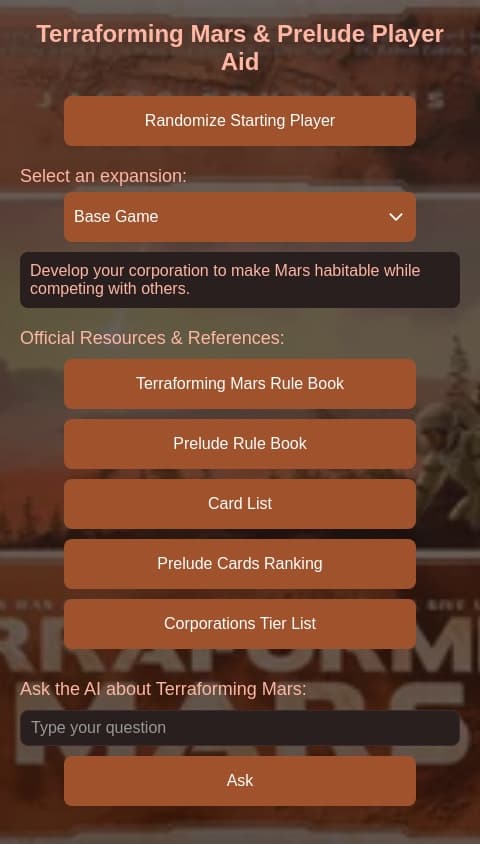 Terraforming Mars and Prelude expansion Player Aid