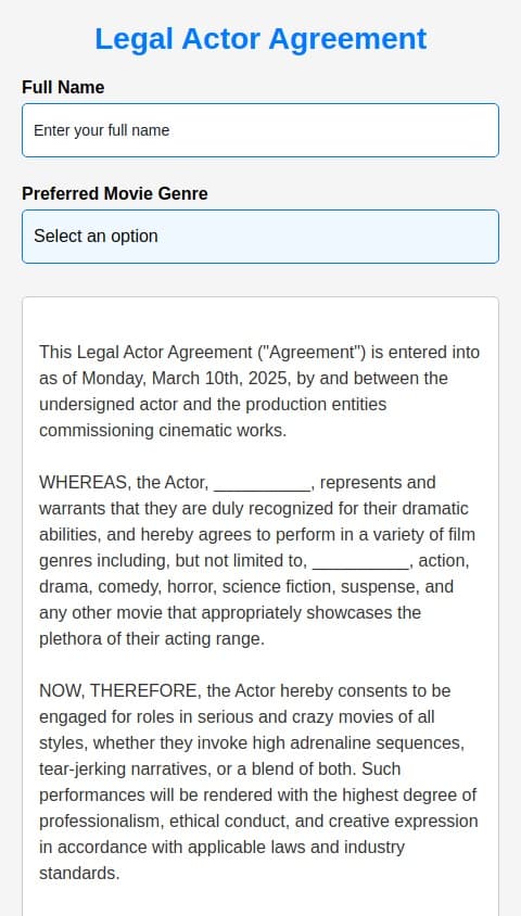 A legal document to be an actor  and be in serious crazy movies like action movies sad movies any movie you can think of 
