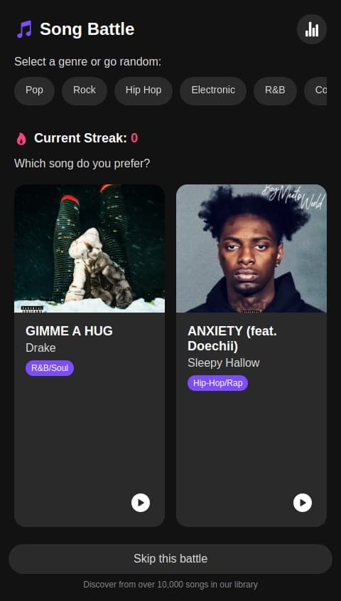 Create me an app where two random songs battle each other. AI chooses two random songs and the user selects a winner. The user can select a gerne or random to start with, create an amazing UI and UX