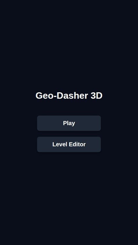 Create a 3D runner game inspired by Geometry Dash. The app should feature a main menu and a basic 3D level editor.

The app should have three main screens:

1.  **Main Menu Screen:**
    *   Display the game title "Geo-Dasher 3D".
    *   Include two large, clear buttons: "Play" and "Level Editor". The buttons should have a simple 3D aesthetic.

2.  **3D Game Screen:**
    *   Accessed by tapping the "Play" button.
    *   The camera should be positioned behind a player-controlled cube, looking forward down a long, straight path or track.
    *   The cube moves forward automatically at a constant speed.
    *   Tapping anywhere on the screen makes the cube jump. Implement basic 3D physics for the jump (moving up and down on the Y-axis while continuing forward on the Z-axis).
    *   The level should contain static 3D obstacles on the path, such as cubes to jump over.
    *   If the player's cube collides with an obstacle, the level immediately restarts.

3.  **3D Level Editor Screen:**
    *   Accessed by tapping the "Level Editor" button.
    *   Display the level path from a top-down or isometric perspective to facilitate object placement.
    *   Provide a simple UI toolbar with icons for 3D objects the user can place (e.g., a cube obstacle).
    *   Users should be able to tap on the path to place the selected 3D object at that location.
    *   Include a "Save" button (this can be non-functional for now).
