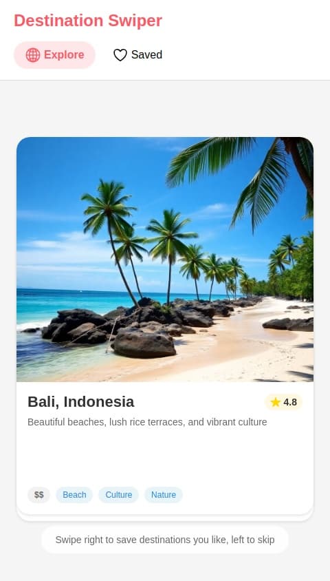 Tinder for picking places to travel to 