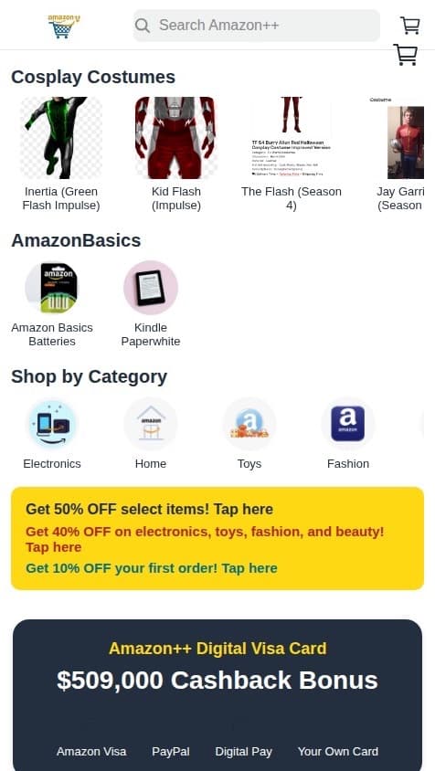 ```typescriptreact project="amazon-app"...```- **Amazon-like Header:** With the Amazon logo, search, and navigation elements.- **Prime Video Section:** A horizontal scrollable section for movie/show thumbnails.- **Product Categories and Promotions:** Sections for "AmazonBasics", "Shop by Category", and a "Get US $10 off" banner.- **Digital Amazon Visa Card:** A prominent card component displaying the "$509,000 Cashback Bonus" and other payment method options (PayPal, Digital Pay, Your Own Card).- **Prime Discounts:** Dedicated cards for "50% off Prime Video" and "40% off Amazon Prime membership".- **Product Carousels:** Horizontal scrollable sections for "Related to Items You've Viewed" and "Most Popular Sellers", and a grid for "Amazon Top Sellers".- **Other Product Sections:** Simplified sections for "Find unique gifts", "Inexpensive finds", "New gift card designs", and "Renewed electronics".- **Footer:** A basic footer with links.- **Bottom Navigation Bar:** A fixed navigation bar with icons similar to the Amazon app.All product images are placeholders, and the functionality is limited to UI representation as requested.SuggestionsClose suggestions[data-radix-scroll-area-viewport]{scrollbar-width:none;-ms-overflow-style:none;-webkit-overflow-scrolling:touch;}[data-radix-scroll-area-viewport]::-webkit-scrollbar{display:none}Add IntegrationAdd product detail pagesImplement search functionalityAdd user authenticationCreate a shopping cartIntegrate a backend for productsScroll leftScroll right please build the app for meme Develop a mobile application mirroring the core functionality and product offerings of Amazon, but with several key modifications. The application should feature a curated selection of products, similar to Amazon's current inventory, with the ability to add more products later. Integrate a digital Amazon Visa card feature, offering a $500 cashback bonus on every purchase made through the app. Additionally, provide discounts: 50% off for Prime Video subscriptions and 40% off for regular Amazon Prime memberships. The application's design should closely resemble Amazon's interface, including the same logo and a home screen layout that is familiar to Amazon users. The app logo should be displayed on the home screen. The goal is to create a user experience that is both familiar and enhanced, driving user engagement and potentially increasing sales. I want the digital Visa card $509,000 digital card built in Amazon and you can also use PayPal or digital pay or any payment method or your own card and I want the pictures of the Amazon products to be on there too