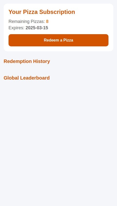 Pizza subscription and redemption tracking app
