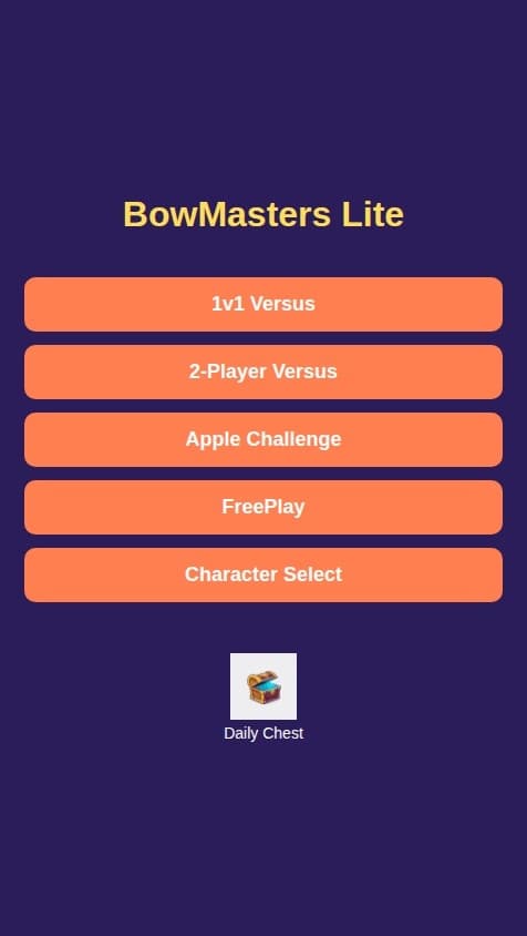 Create a 2D physics-based trajectory shooter game, similar to Bowmasters, with a vibrant and playful art style. The game should be built with the following core features and game modes accessible from a main menu:

1.  **Core Game Mechanics:**
    *   Implement turn-based, 1v1 combat where players control a character.
    *   Players aim by dragging on the screen to set the angle and power of their shot.
    *   Characters should have distinct appearances and unique projectiles.
    *   Include a health bar for each character. The first to reduce the opponent's health to zero wins.

2.  **Main Menu:**
    *   Design a clear start menu with buttons to navigate to the different game modes ("1v1 Versus", "2-Player Versus", "Apple Challenge", "FreePlay"), the character selection screen, and a "Daily Chest" area.

3.  **Game Modes:**
    *   **1v1 Versus Mode:** Player vs. AI opponent.
    *   **2-Player Versus Mode:** A local multiplayer mode for two players on one device.
    *   **Apple Challenge Mode:** A target practice mode. The objective is to shoot an apple off a stationary character's head.
    *   **FreePlay Mode:** A practice mode where all characters in the game are available for the user to try out against a non-attacking target.

4.  **Characters & Progression:**
    *   Create an initial set of 3-4 unique playable characters.
    *   Character data (who owns what) should be stored persistently in the database and linked to the user.

5.  **Retention & Monetization Systems:**
    *   **Daily Chest:** A feature on the main menu that allows a user to claim a free reward once every 24 hours. The reward could be in-game currency.
    *   **VIP Pass:** Implement the logic for a VIP status. If a user has VIP status (a simple true/false flag in their user data for now), they should see a "VIP" icon next to their name or on the main menu.

All game progress, unlocked characters, currency, and VIP status must be saved to the database and associated with the currently logged-in user.
