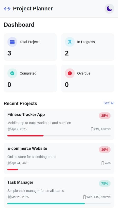An app called Project Planner for app developers where users can plan and track their app development projects