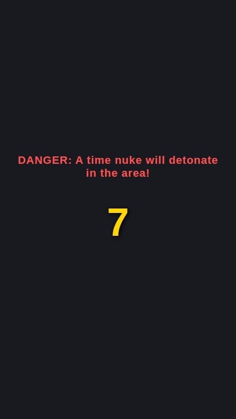 Create a simple choice-based game app called "Time Nuke".

The app should have the following functionality:
1.  **Main Game Screen:**
    *   When the app launches, it should display a warning message like "DANGER: A time nuke will detonate in the area!"
    *   A prominent countdown timer should start at 10 and tick down every second.
    *   When the timer reaches 5 seconds, two buttons must appear below the timer with the options: "Go inside a bunker" and "Steal from the closest grocery store".

2.  **Outcomes:**
    *   **Bunker Choice:** If the user taps the "Go inside a bunker" button, navigate to a new screen that says "You made it to the bunker just in time. You are safe!"
    *   **Steal Choice:** If the user taps the "Steal from the closest grocery store" button, navigate to a new screen that says "You grab some supplies but don't have time to escape. You lose."
    *   **Timeout Failure:** If the timer reaches 0 before the user makes a choice, navigate to a "Game Over" screen that says "You ran out of time! Your phone exploded!"

3.  **Design:**
    *   Use a simple, clean interface.
    *   The timer should be large and easy to read.
    *   The outcome screens should have a button to "Play Again" which resets the app to the main game screen.
