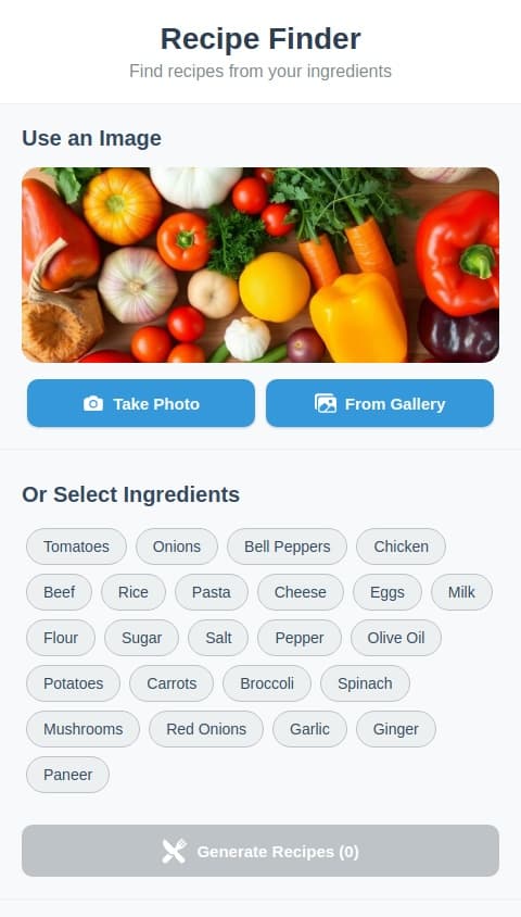 Give all possible recipes when a photo with the available ingredients is given using the camera or an already taken photo.