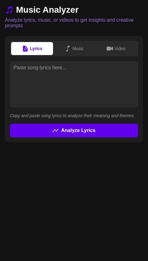 Music analysing ￼app that scans either lyrics,music or videos or all , and gives concise synopsis,  and then creates 2 prompts for those 