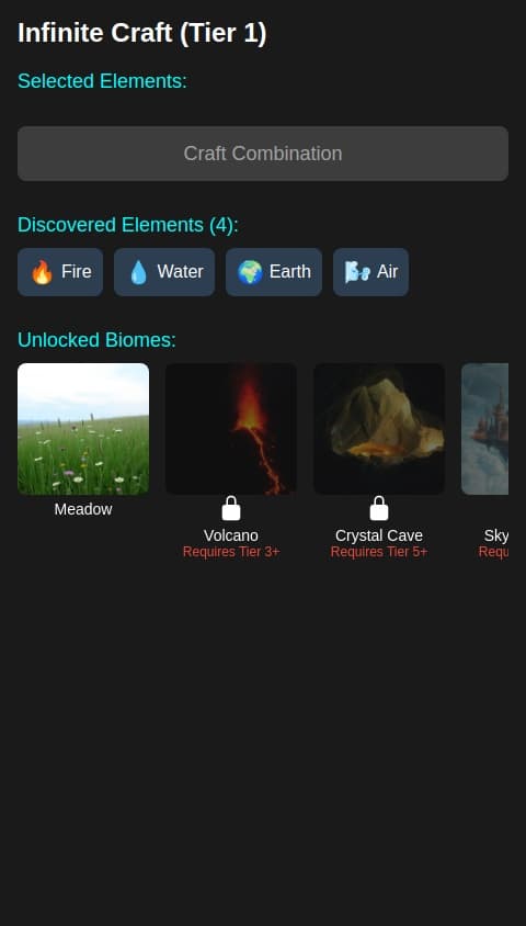 Create an app that generates an Infinite Craft-style game where players start with basic materials and craft increasingly complex items in an endless loop. The app will feature a procedural crafting system, where new recipes unlock dynamically based on what the player crafts. The game will include multiple biomes and areas that open up as players progress, each offering unique crafting materials.