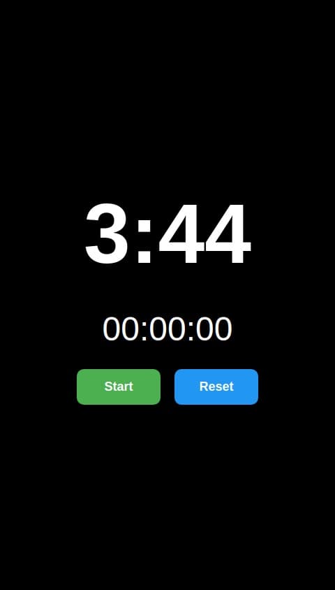 Time of day with very large font, for a mobile app, no am/pm indicator, just hours and minutes, 12 hour format, with a secondary display of elapsed time and a start and stop button. Save state of timer and elapsed time to localStorage when app loses focus, reloads that data whe app is subsequently launched