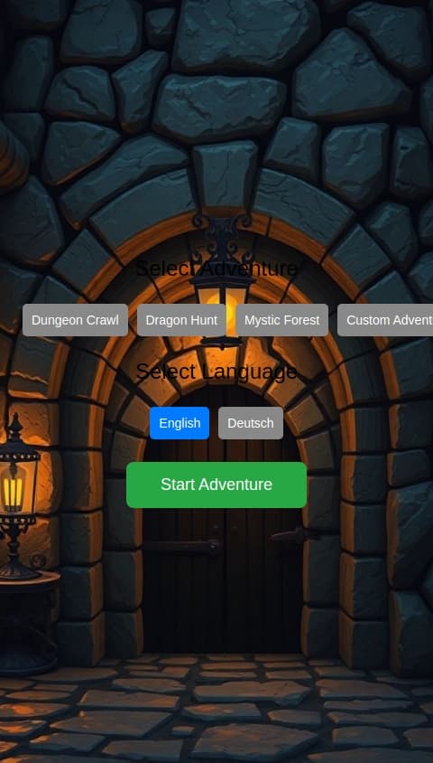 Create me an AI DnD Adventure generator, using an LLM, for background images an ai image generator and for sound effects and background sounds an AI sound effects generator, make it all wirk automatically as the story continues.
The user can either choose from presets or create a custom adventure.
The app should support german and english language.
The app should be a text to Adventure app, where the user chats with the AI (game master) and progressivly continues the adventure